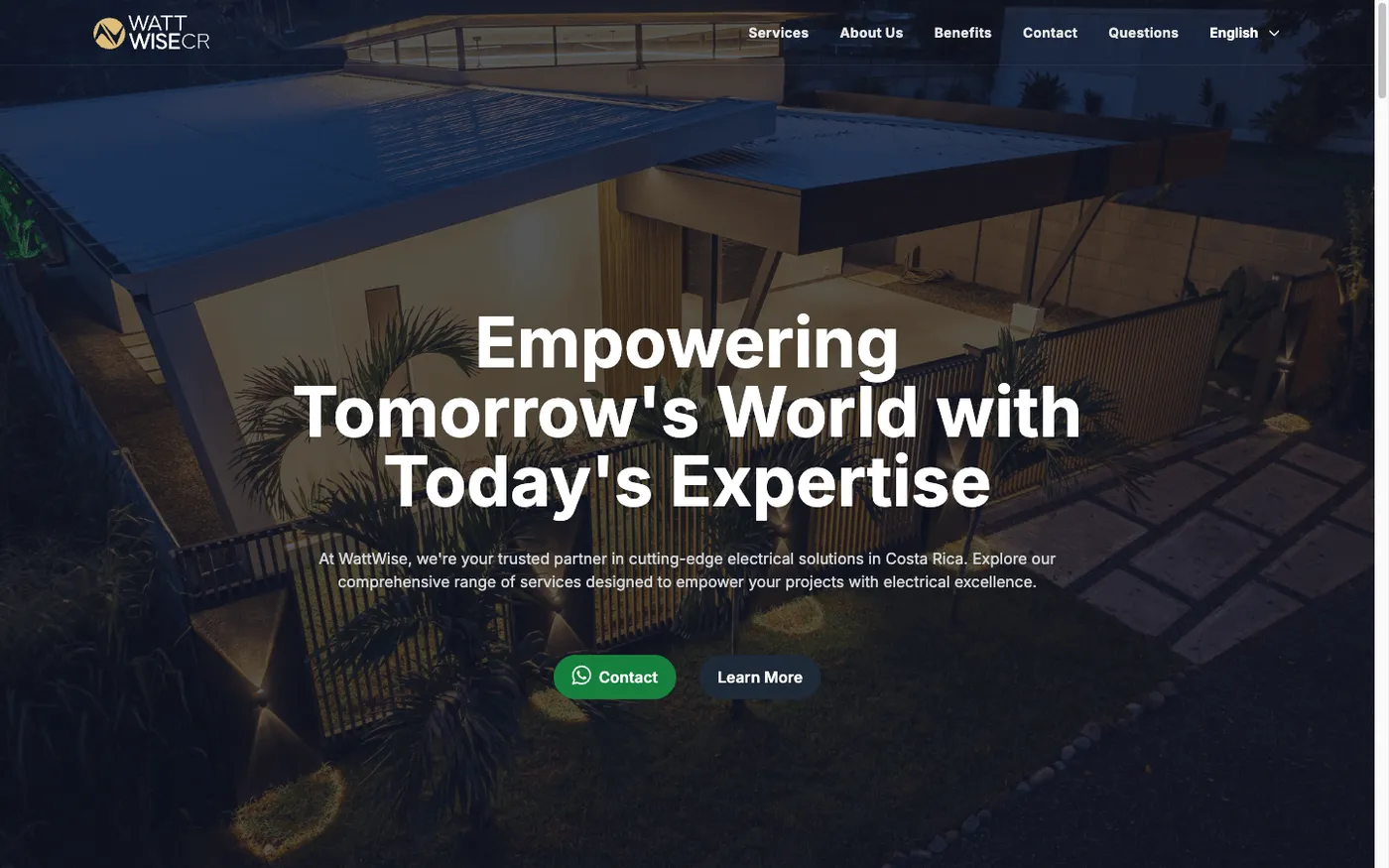 WattWise homepage hero with modern home and brand headline