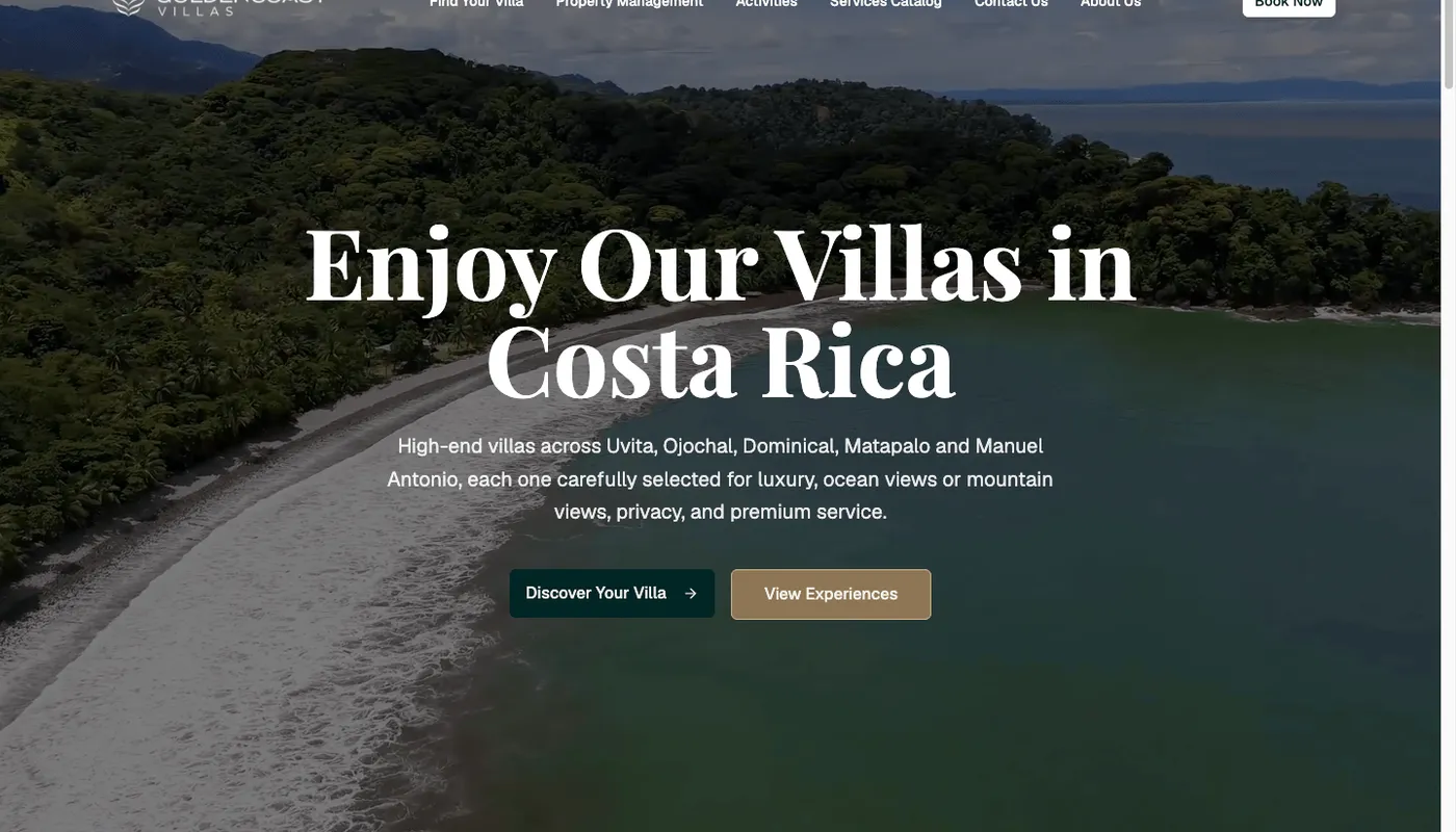 Golden Coast Villas homepage with aerial beach hero image