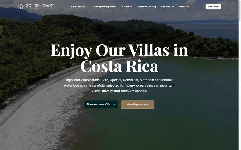 Golden Coast Villas homepage with aerial beach hero image