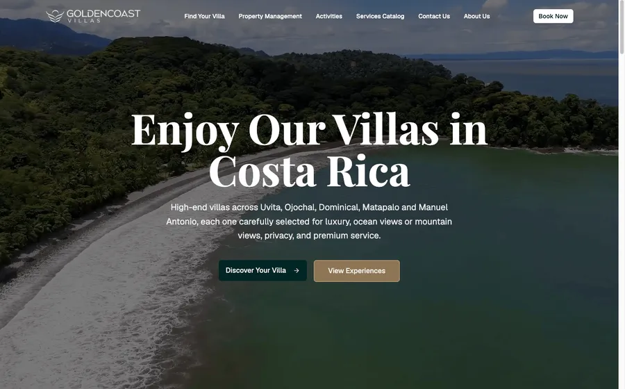 Golden Coast Villas homepage with aerial beach hero image