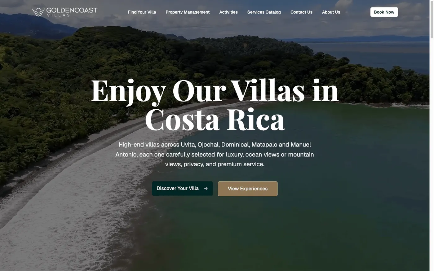 Golden Coast Villas homepage with aerial beach hero image