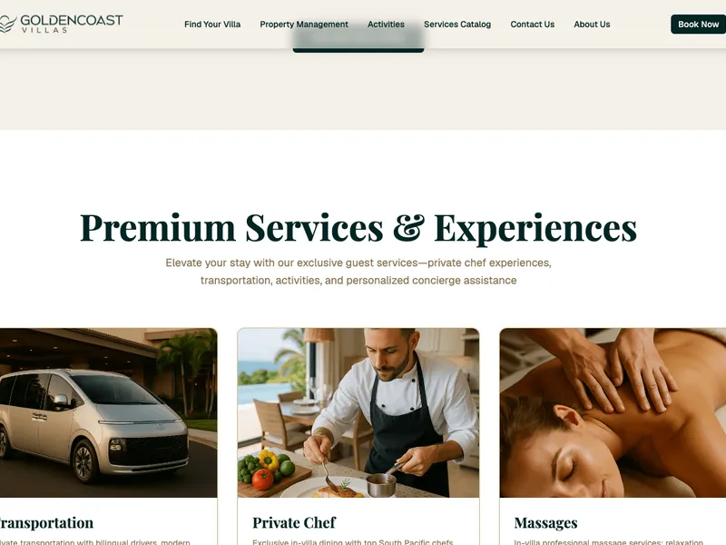 Golden Coast Villas services and experiences section