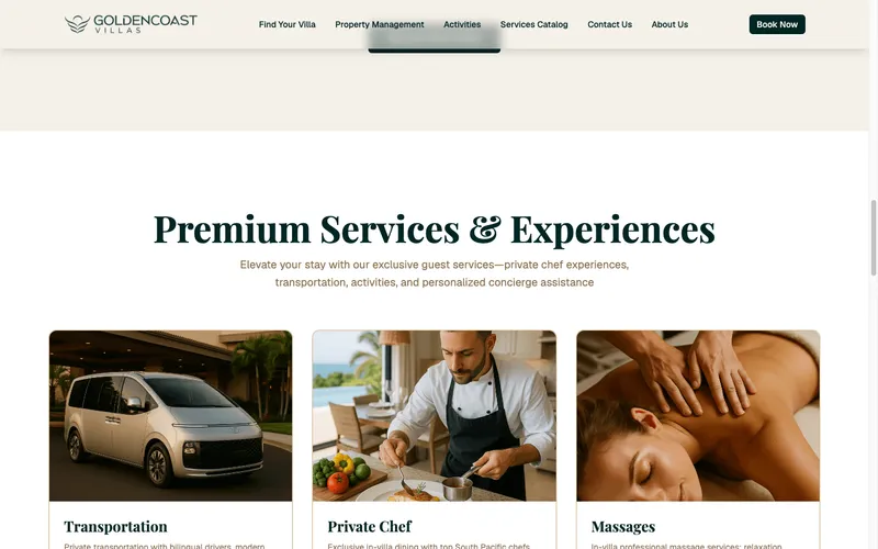 Golden Coast Villas services and experiences section
