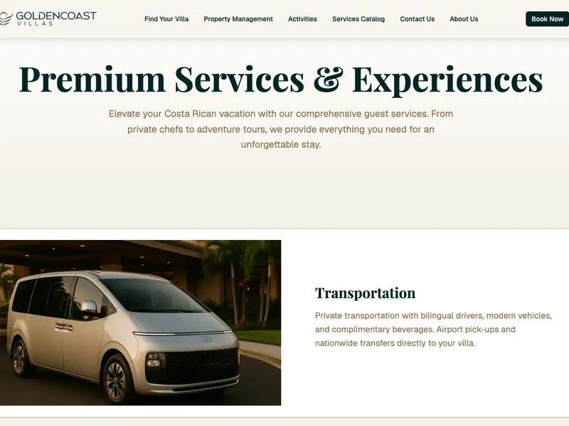 Golden Coast Villas services catalog page