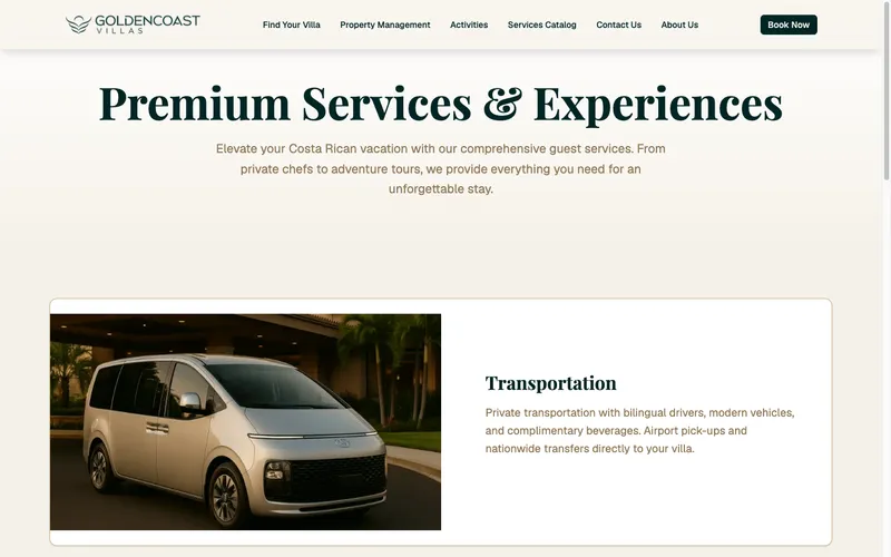 Golden Coast Villas services catalog page